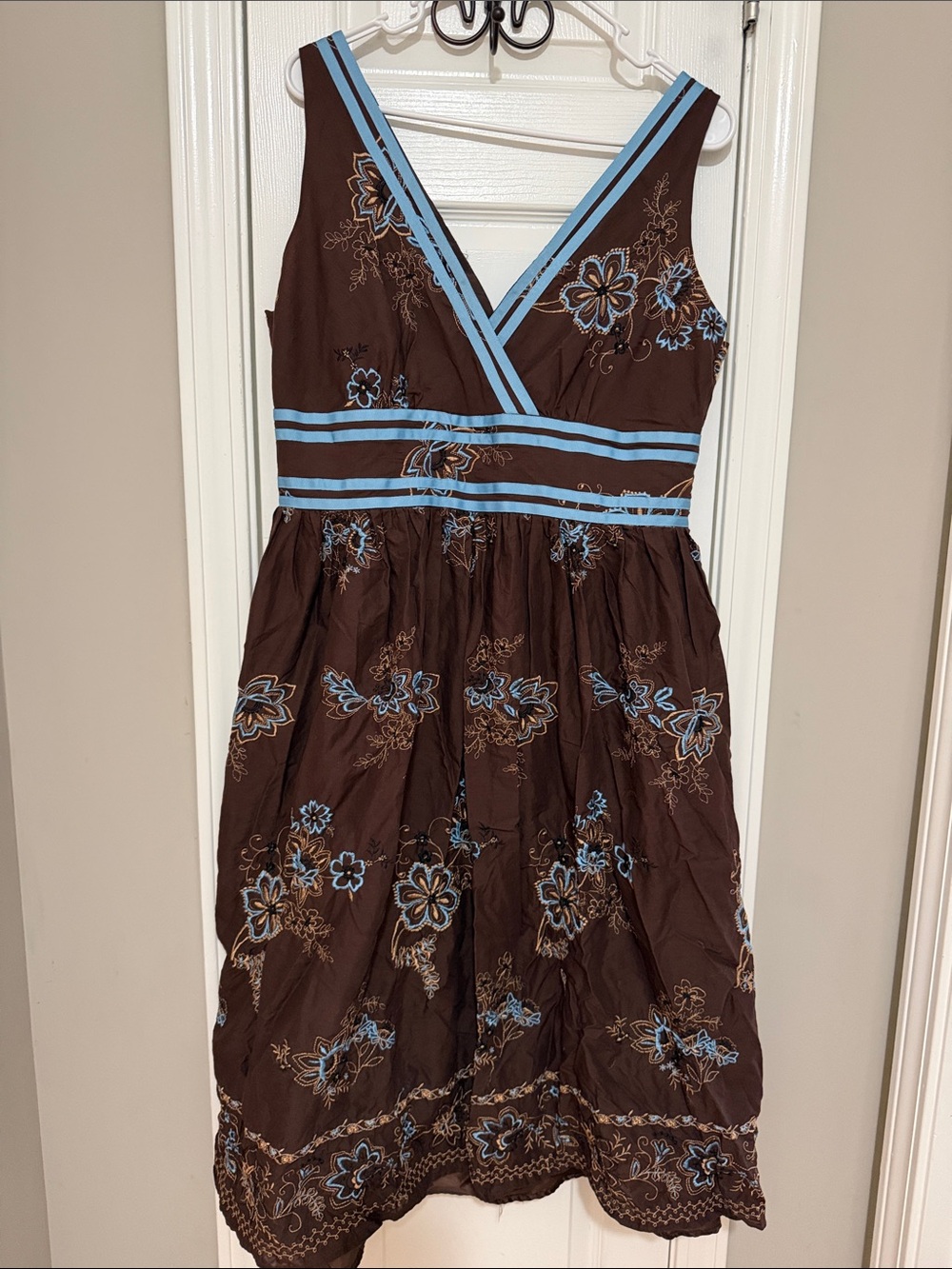 Robbie Bee Brown Midi Dress with Light Blue Trim